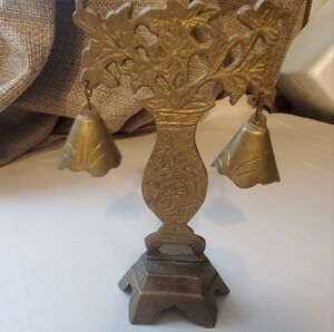 Vintage Brass Bell Solid Brass Bell Stand Chinese Floral Engraved Print